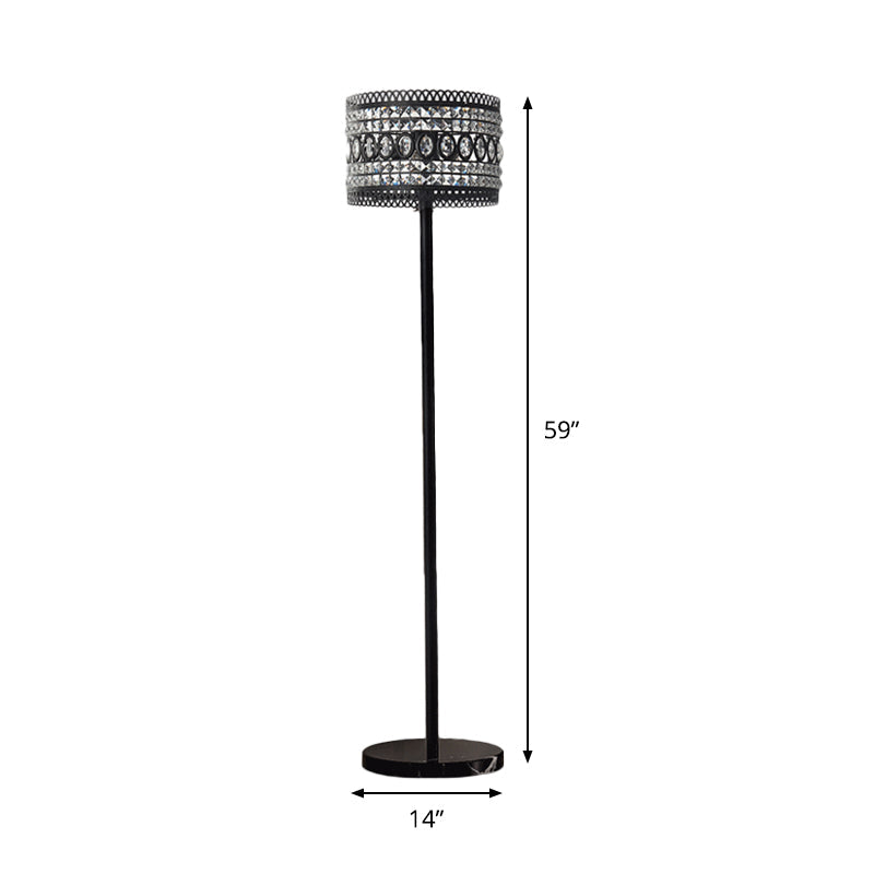 Modern Black Floor Lamp with Crystal-Encrusted Shade - 1 Bulb Living Room Floor Stand Light
