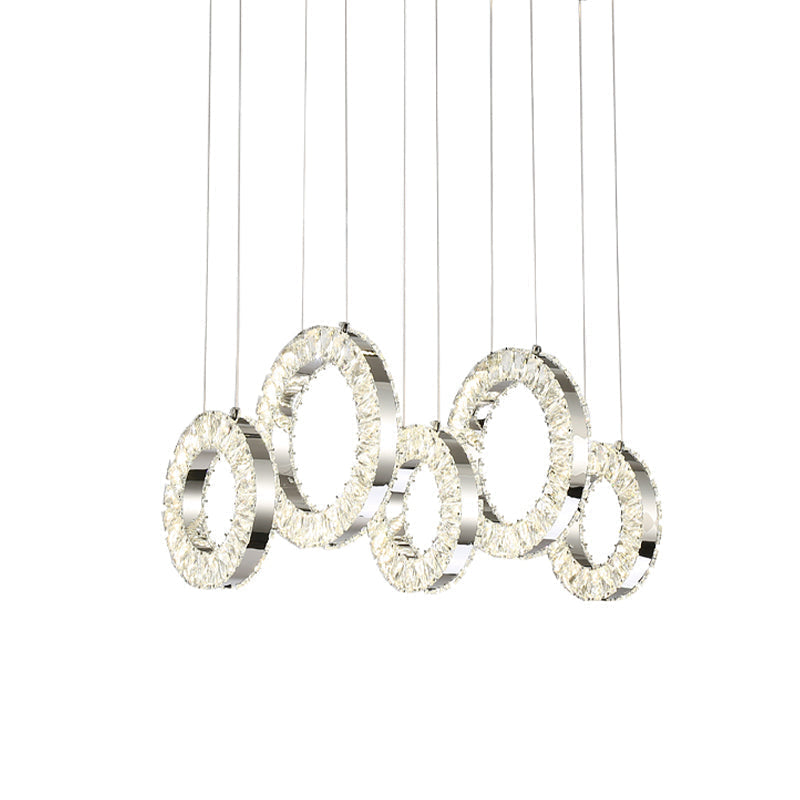 Contemporary Crystal-Encrusted Nickel Pendant Lamp - 5 Lights - Over Table