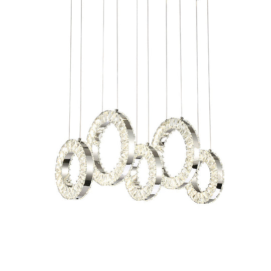 Contemporary Crystal-Encrusted Nickel Pendant Lamp - 5 Lights - Over Table