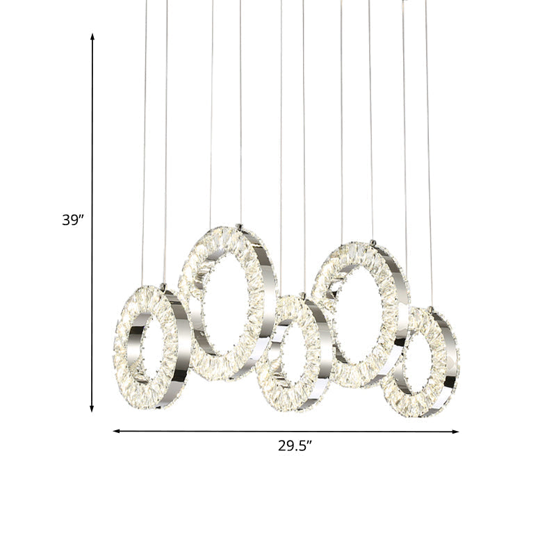 Contemporary Crystal-Encrusted Nickel Pendant Lamp - 5 Lights - Over Table