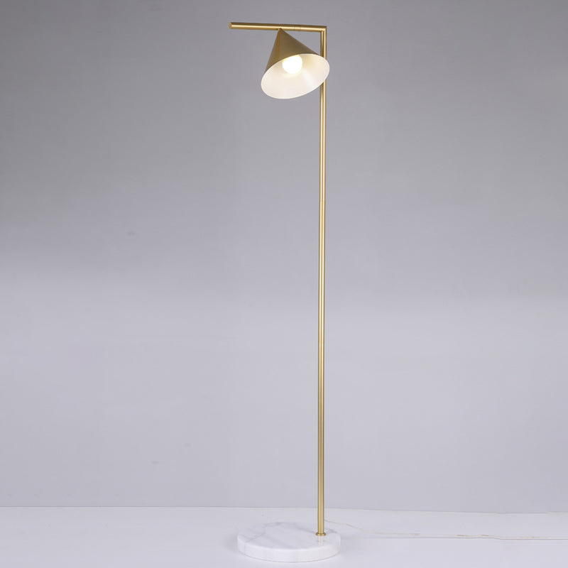 Minimalist Conical Shade Floor Light with Right Angle Arm - Black/Gold Finish Stand-Up Lamp