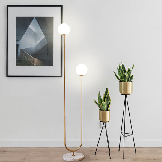 Modern Metal LED Floor Reading Lamp with Gold Stand and Glass Shade