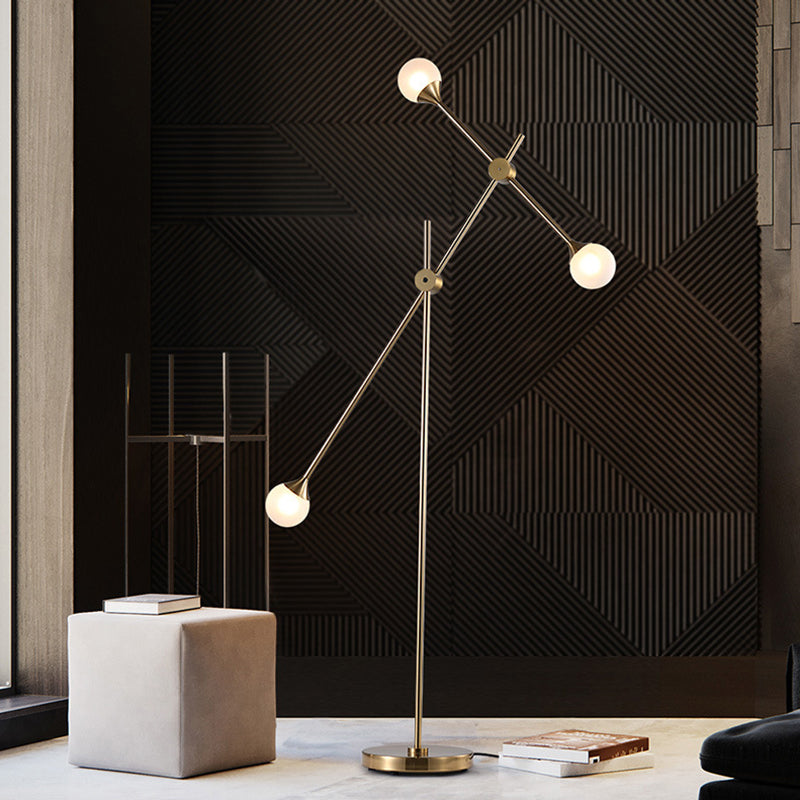 Modern Metal Orb Floor Lamp with Swing Arm, Gold LED Lighting & White Glass Shade