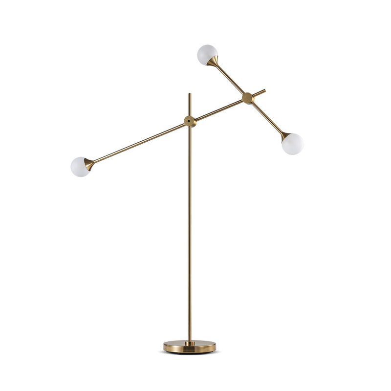 Modern Metal Orb Floor Lamp with Swing Arm, Gold LED Lighting & White Glass Shade