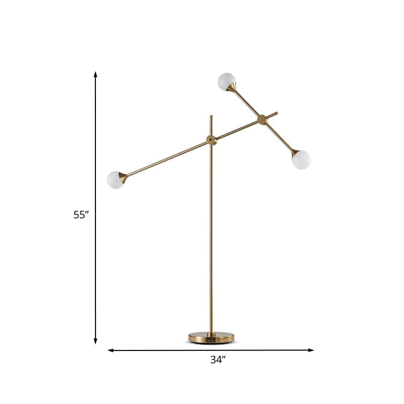 Modern Metal Orb Floor Lamp with Swing Arm, Gold LED Lighting & White Glass Shade