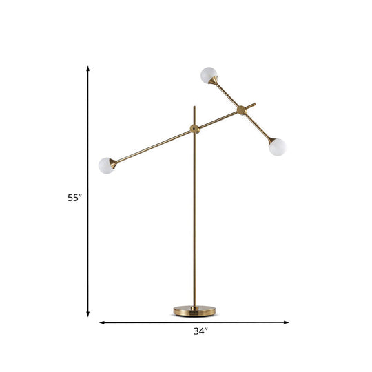 Modern Metal Orb Floor Lamp with Swing Arm, Gold LED Lighting & White Glass Shade