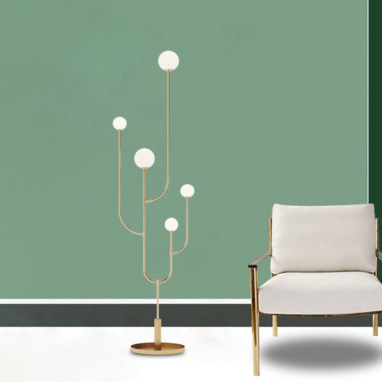 Modern LED Macaron Cactus Floor Reading Lamp with Opal Glass Shade in Brass