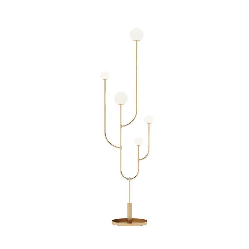 Modern LED Macaron Cactus Floor Reading Lamp with Opal Glass Shade in Brass