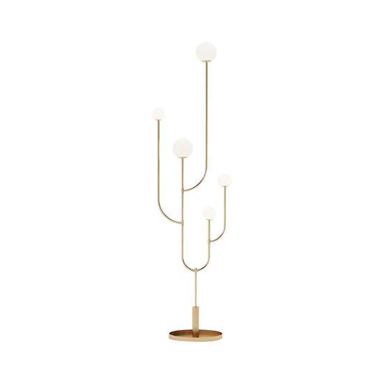 Modern LED Macaron Cactus Floor Reading Lamp with Opal Glass Shade in Brass