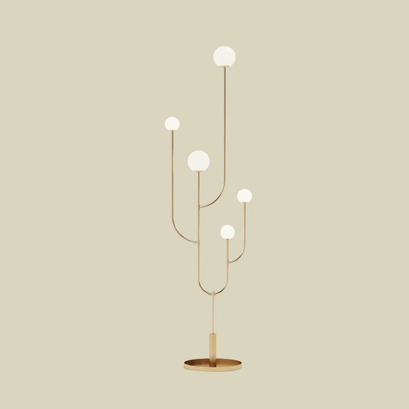 Modern LED Macaron Cactus Floor Reading Lamp with Opal Glass Shade in Brass
