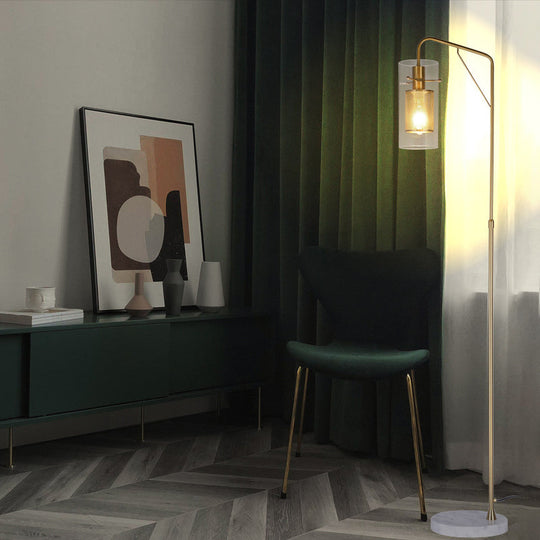 Postmodern Gold Metal Tube Mesh Reading Floor Lamp with Clear Glass Shade