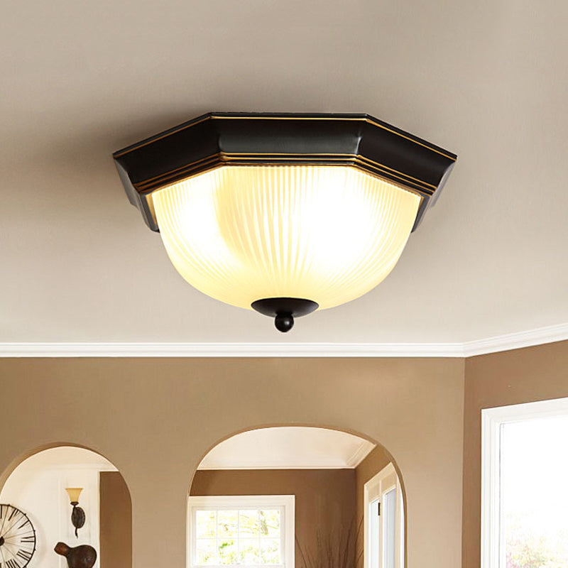Black Milk Glass Ribbed Dome Ceiling Flush Light - Classic 2-Head Flush Mount