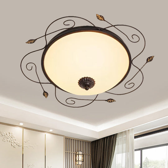 Ivory Glass Flushmount Ceiling Light with Twined Vines - 3-Head Dome Design, Rural Style - Black, 18"/25" W