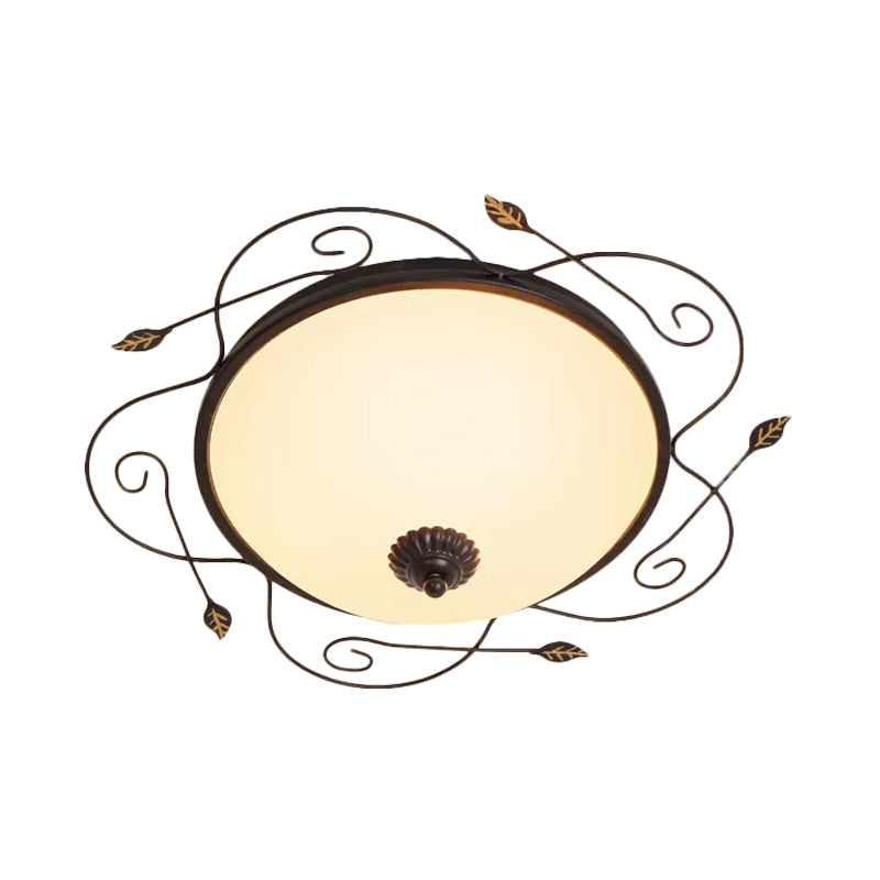 Ivory Glass Flushmount Ceiling Light with Twined Vines - 3-Head Dome Design, Rural Style - Black, 18"/25" W