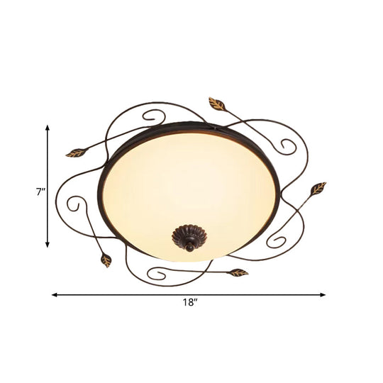 Ivory Glass Flushmount Ceiling Light with Twined Vines - 3-Head Dome Design, Rural Style - Black, 18"/25" W