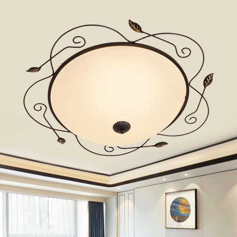 Ivory Glass Flushmount Ceiling Light with Twined Vines - 3-Head Dome Design, Rural Style - Black, 18"/25" W