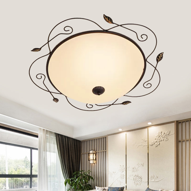 Ivory Glass Flushmount Ceiling Light with Twined Vines - 3-Head Dome Design, Rural Style - Black, 18"/25" W