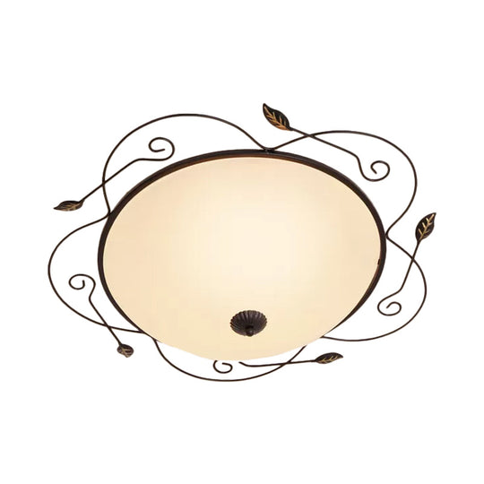 Ivory Glass Flushmount Ceiling Light with Twined Vines - 3-Head Dome Design, Rural Style - Black, 18"/25" W