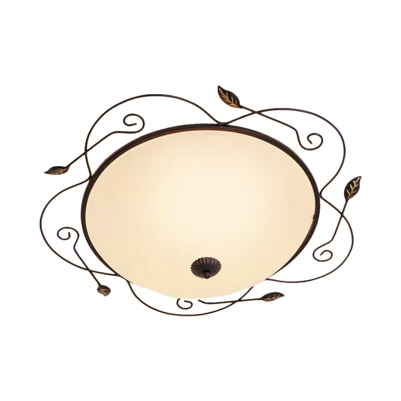 Ivory Glass Flushmount Ceiling Light with Twined Vines - 3-Head Dome Design, Rural Style - Black, 18"/25" W