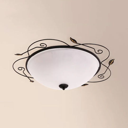 Ivory Glass Flushmount Ceiling Light with Twined Vines - 3-Head Dome Design, Rural Style - Black, 18"/25" W