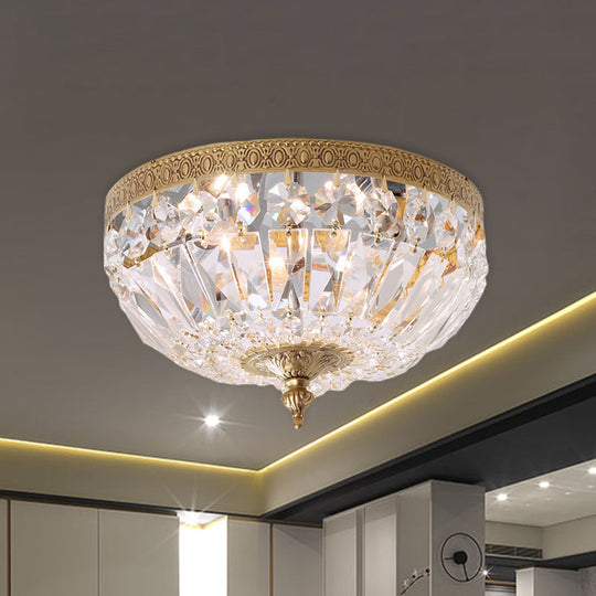 Modern Brass Bowl-Shape Ceiling Flush Light with Crystal Strand - 2 Bulbs, Bedroom Lamp