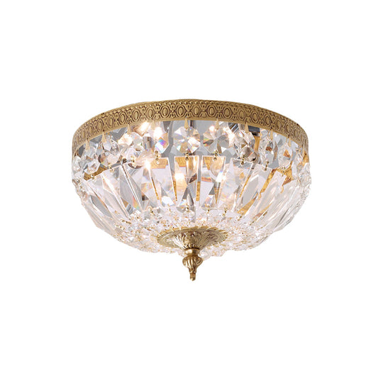 Modern Brass Bowl-Shape Ceiling Flush Light with Crystal Strand - 2 Bulbs, Bedroom Lamp