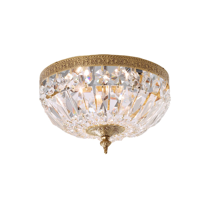 Modern Brass Bowl-Shape Ceiling Flush Light with Crystal Strand - 2 Bulbs, Bedroom Lamp