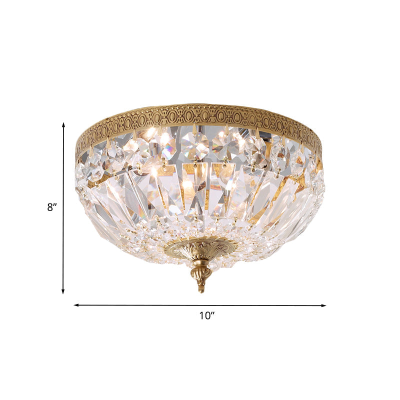 Modern Brass Bowl-Shape Ceiling Flush Light with Crystal Strand - 2 Bulbs, Bedroom Lamp