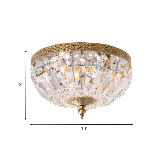 Modern Brass Bowl-Shape Ceiling Flush Light with Crystal Strand - 2 Bulbs, Bedroom Lamp