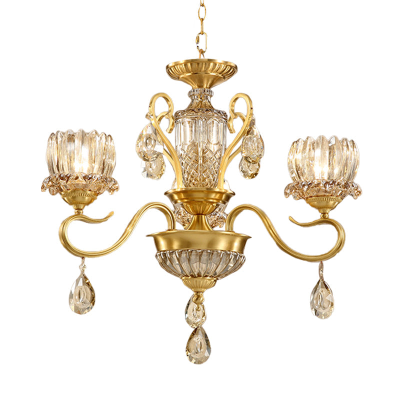 Modern Lotus Beveled Glass Crystal Chandelier with Gold Finish and 3-Bulb Suspension