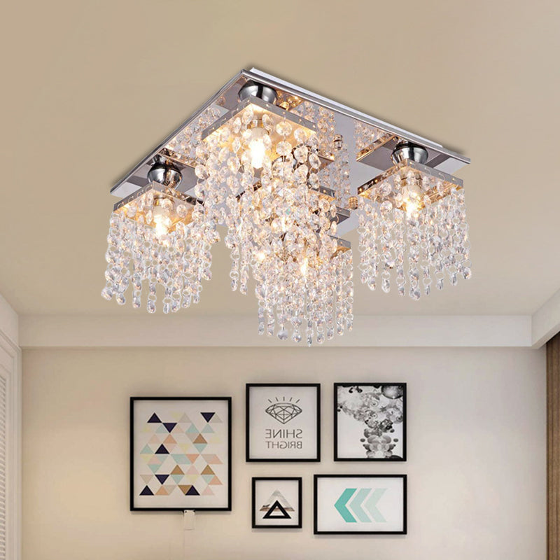 Modern Crystal Chain Ceiling Mount Light Fixture - 4-Light Flush Mount for Living Room