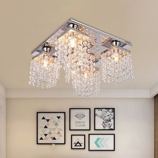 Modern Crystal Chain Ceiling Mount Light Fixture - 4-Light Flush Mount for Living Room