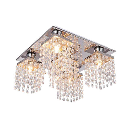 Modern Crystal Chain Ceiling Mount Light Fixture - 4-Light Flush Mount for Living Room