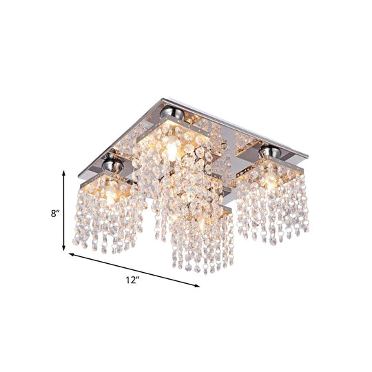 Modern Crystal Chain Ceiling Mount Light Fixture - 4-Light Flush Mount for Living Room