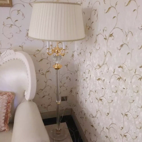 Gold Nordic Candle Floor Lamp with Crystal Single Bulb & Beige Fabric Shade