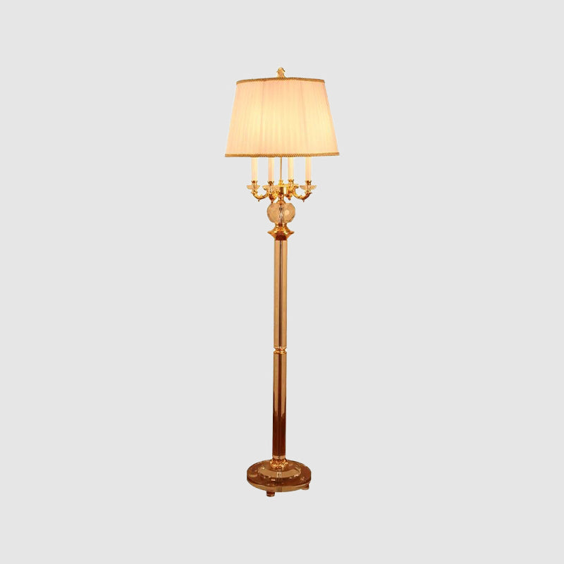 Gold Nordic Candle Floor Lamp with Crystal Single Bulb & Beige Fabric Shade
