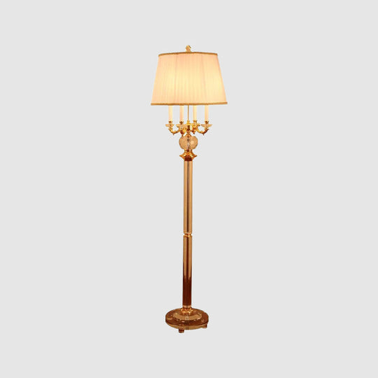 Gold Nordic Candle Floor Lamp with Crystal Single Bulb & Beige Fabric Shade