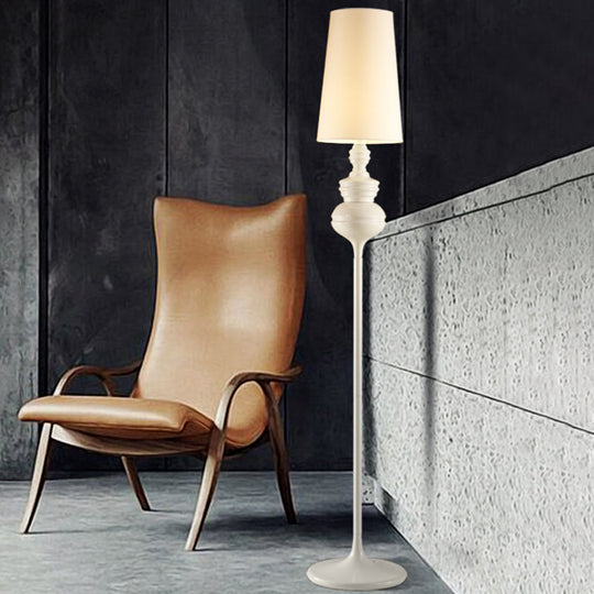 Contemporary Calabash-shaped Floor Reading Lamp with Metal Frame, 1 Head, and Fabric Conical Shade – Black/White/Chrome Standing Light