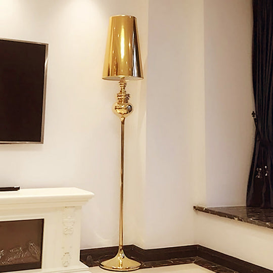 Contemporary Calabash-shaped Floor Reading Lamp with Metal Frame, 1 Head, and Fabric Conical Shade – Black/White/Chrome Standing Light