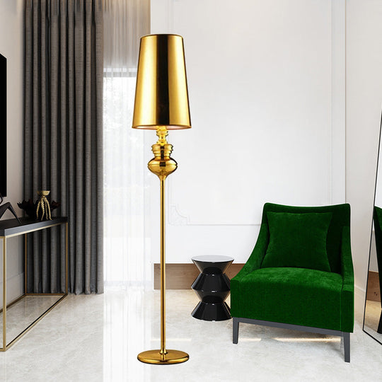 Contemporary Calabash-shaped Floor Reading Lamp with Metal Frame, 1 Head, and Fabric Conical Shade – Black/White/Chrome Standing Light