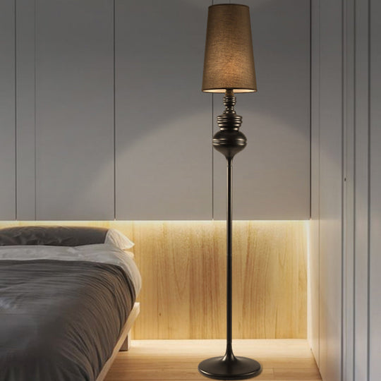 Contemporary Calabash-shaped Floor Reading Lamp with Metal Frame, 1 Head, and Fabric Conical Shade – Black/White/Chrome Standing Light