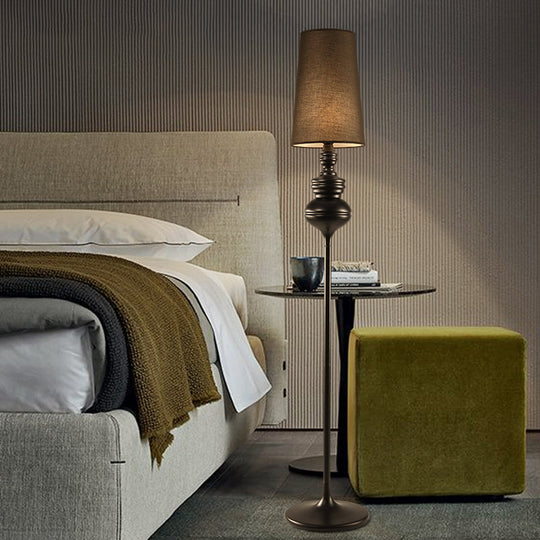 Contemporary Calabash-shaped Floor Reading Lamp with Metal Frame, 1 Head, and Fabric Conical Shade – Black/White/Chrome Standing Light