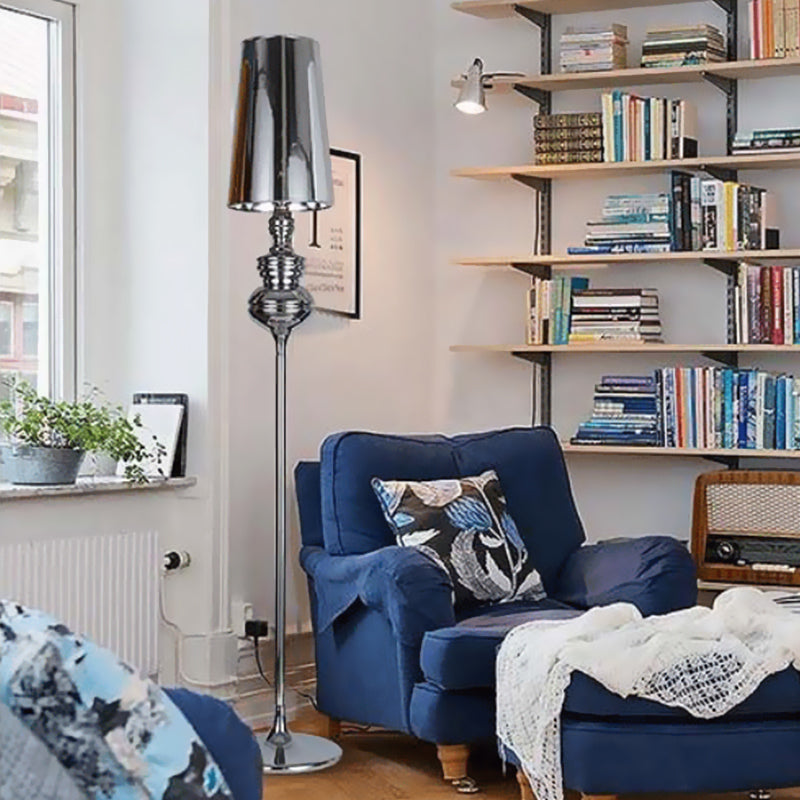 Contemporary Calabash-shaped Floor Reading Lamp with Metal Frame, 1 Head, and Fabric Conical Shade – Black/White/Chrome Standing Light