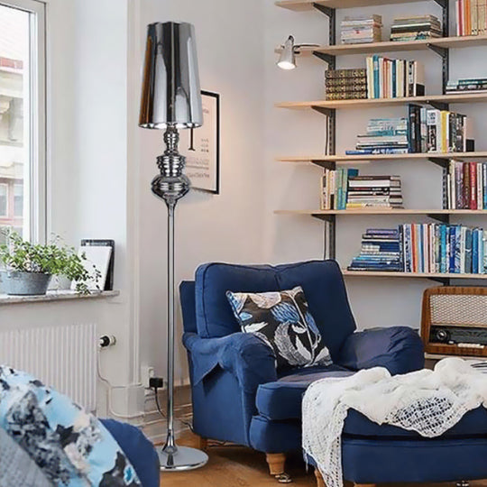 Contemporary Calabash-shaped Floor Reading Lamp with Metal Frame, 1 Head, and Fabric Conical Shade – Black/White/Chrome Standing Light