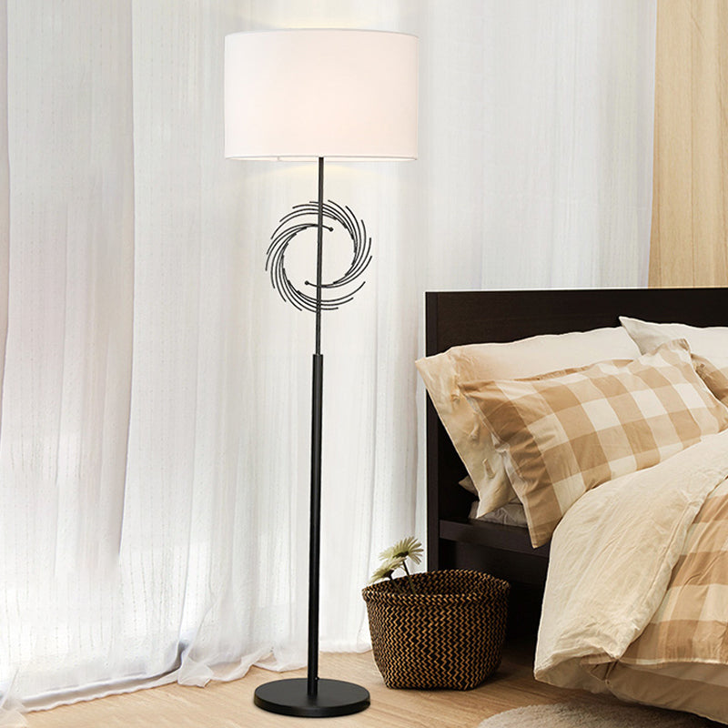 Sleek White/Black Circle Floor Light: Simplicity, 1 Bulb Metal Standing Lamp with Fabric Drum Shade