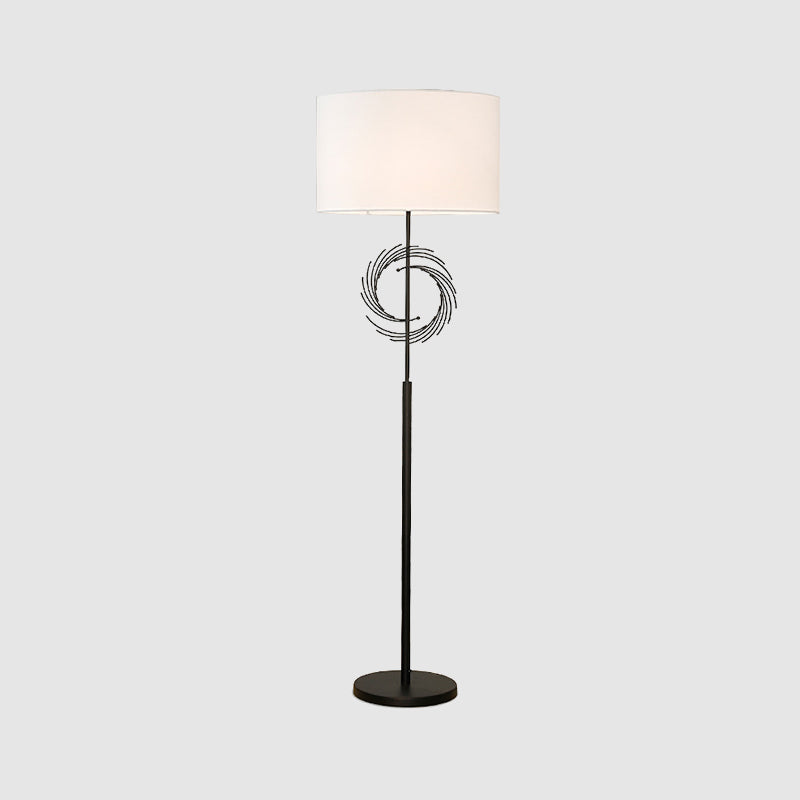 Sleek White/Black Circle Floor Light: Simplicity, 1 Bulb Metal Standing Lamp with Fabric Drum Shade