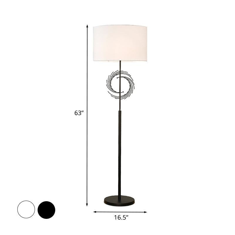 Sleek White/Black Circle Floor Light: Simplicity, 1 Bulb Metal Standing Lamp with Fabric Drum Shade