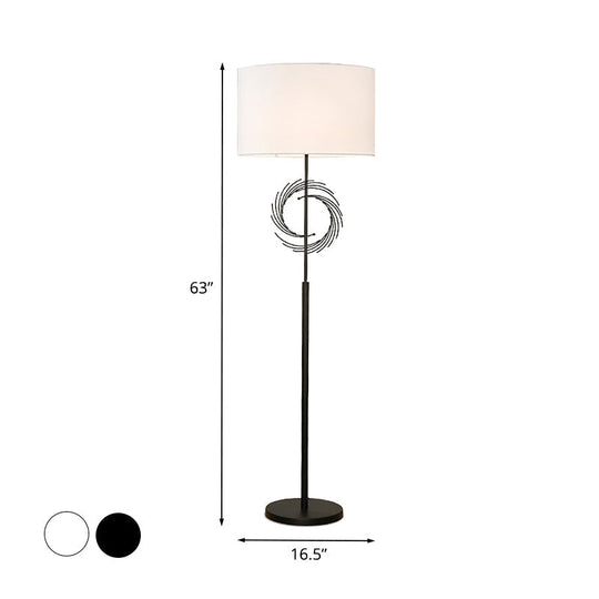 Sleek White/Black Circle Floor Light: Simplicity, 1 Bulb Metal Standing Lamp with Fabric Drum Shade