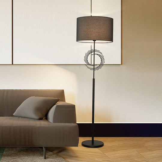 Sleek White/Black Circle Floor Light: Simplicity, 1 Bulb Metal Standing Lamp with Fabric Drum Shade