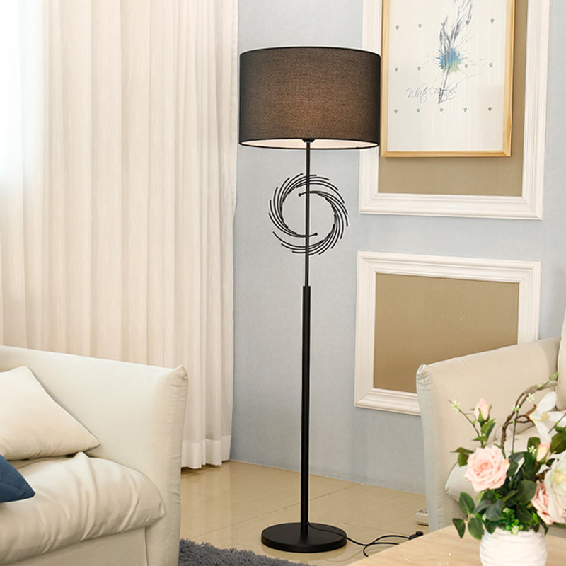 Sleek White/Black Circle Floor Light: Simplicity, 1 Bulb Metal Standing Lamp with Fabric Drum Shade
